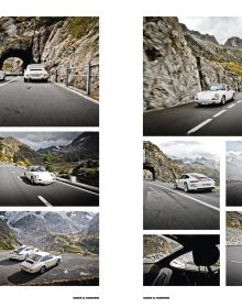 Two white Porsche models parked on mountain roadside, on grey cover of 'Cars & Curves, A Tribute to 70 Years of Porsche', by Delius Klasing.