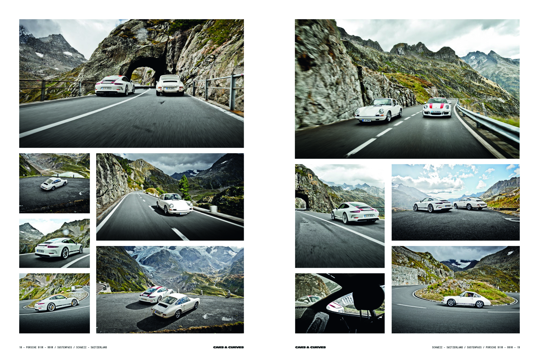 Two white Porsche models parked on mountain roadside, on grey cover of 'Cars & Curves, A Tribute to 70 Years of Porsche', by Delius Klasing.