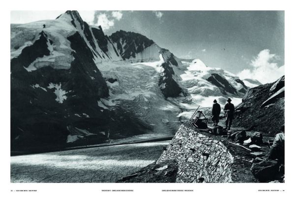 Hairpin bend in road with snow-topped mountains behind, on cover of 'Pass Portrait - Grossglockner, Austria 2504M', by Delius Klasing.
