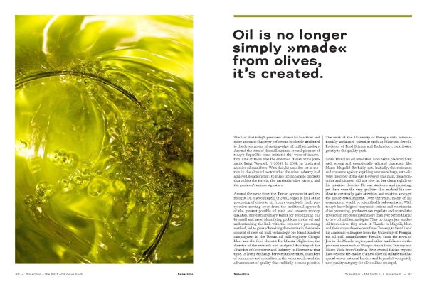 Aerial shot of three white ramekins with handles, filled with olive oil, on wood tray, on cover of 'Super Olio, A New Top Category of Italian Olive Oil - Healthier and More Aromatic Than Ever', by Delius Klasing.