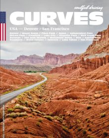 Stunning rocky American landscape with winding road, on cover of 'Curves USA: Denver - San Francisco, Number 11', by Delius Klasing.