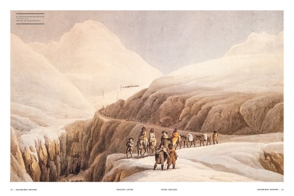 High angle shot of Swiss Alps with winding roads, on cover of 'Porsche Drive - Pass Portrait - Gotthard, Schweiz - Switzerland - 2106 m', by Delius Klasing.