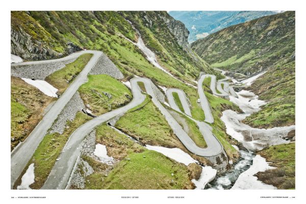 High angle shot of Swiss Alps with winding roads, on cover of 'Porsche Drive - Pass Portrait - Gotthard, Schweiz - Switzerland - 2106 m', by Delius Klasing.