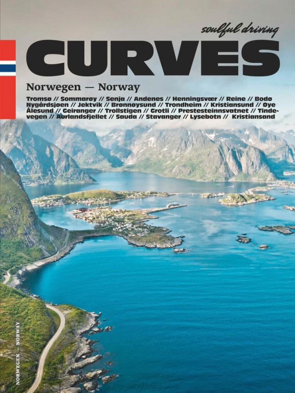 Book cover of Curves: Norway, Number 17', featuring an aerial view of the Lofoten Islands. Published Delius Klasing Verlag GmbH.
