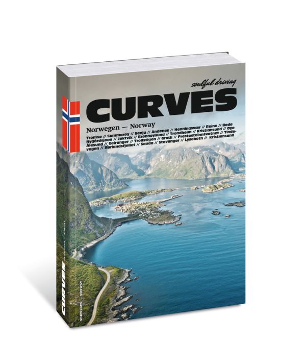 Book cover of Curves: Norway, Number 17', featuring an aerial view of the Lofoten Islands. Published Delius Klasing Verlag GmbH.