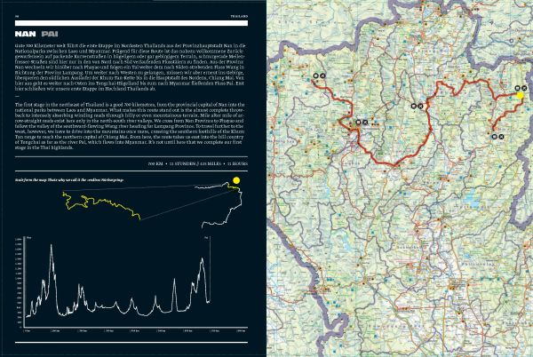 High angled shot of lush green mountainous landscape on cover of 'Curves: Thailand, Band 12: Norden/North // Süden/South', by Delius Klasing.