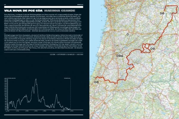 Road travelling towards homes by the sea, on cover of 'Curves: Portugal, Band 14', by Delius Klasing.