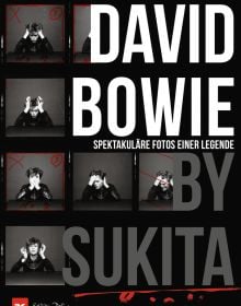Polaroid shots of David Bowie in different poses, on black cover of 'David Bowie by Sukita', by Delius Klasing.