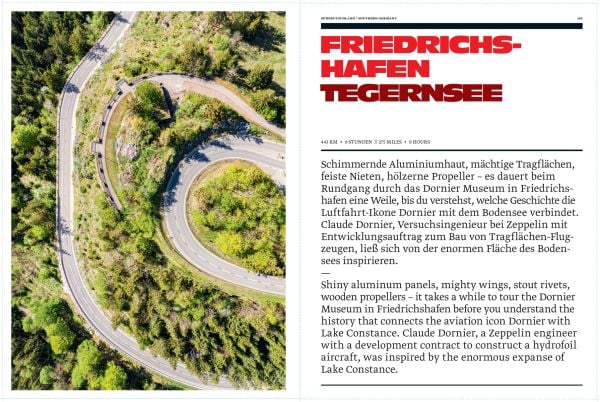 Aerial view of mountainous green landscape with winding roads, surrounded by lakes, on cover of 'Curves: Germany, Band 13: Baden-Württemberg / Bayern' by Delius Klasing Verlag GmbH.