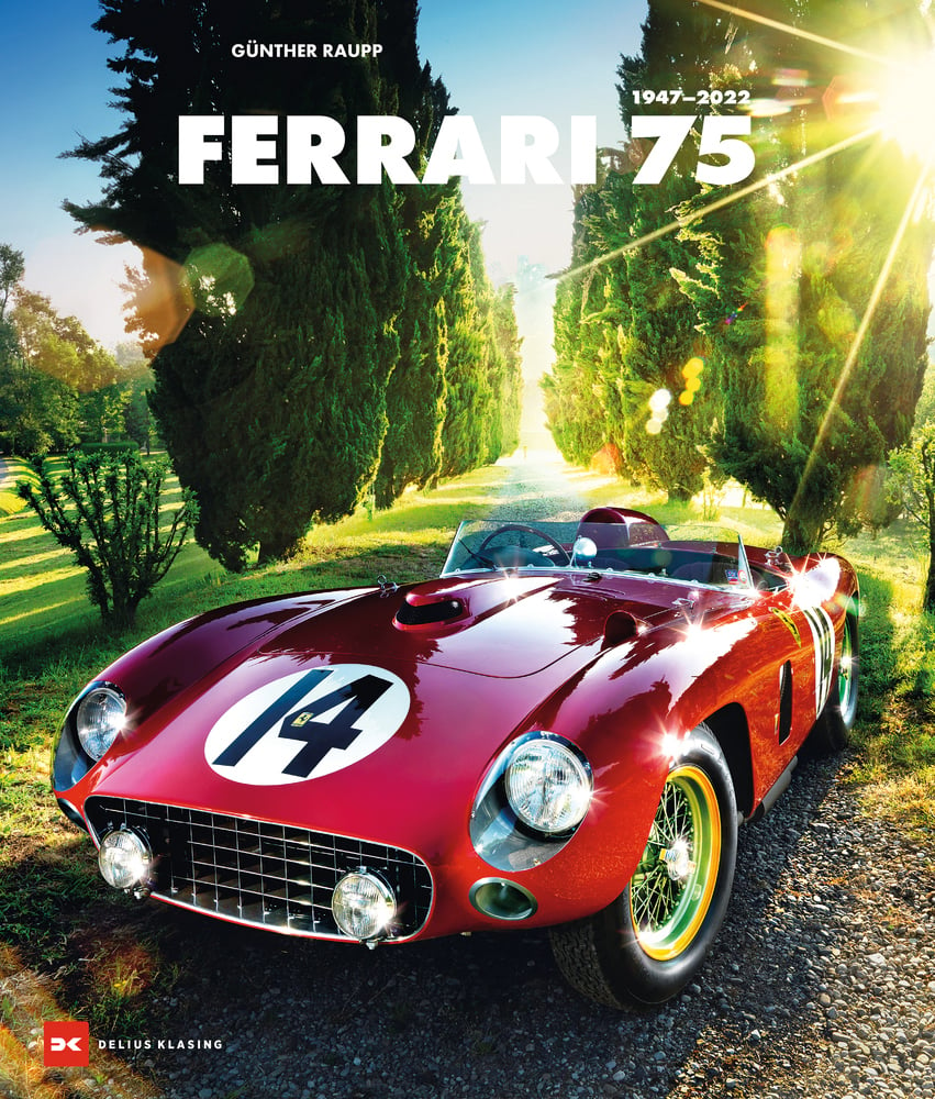 Beautiful cherry red Ferrari 290 MM with racing number 14 on bonnet in front of row of cypress trees, on cover of 'Ferrari 75', by Delius Klasing Verlag GmbH.