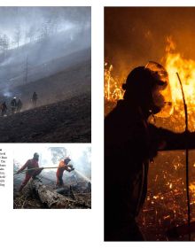 Green filtered photo montage of Greenpeace activists, on cover of 'Greenpeace Views, 50 Years Fighting for a Better Planet', by Delius Klasing Verlag GmbH.