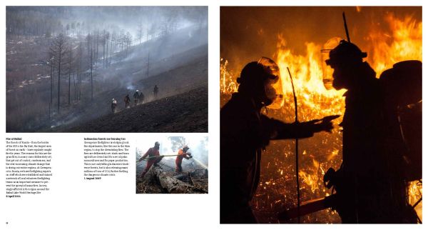 Green filtered photo montage of Greenpeace activists, on cover of 'Greenpeace Views, 50 Years Fighting for a Better Planet', by Delius Klasing Verlag GmbH.