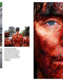 Green filtered photo montage of Greenpeace activists, on cover of 'Greenpeace Views, 50 Years Fighting for a Better Planet', by Delius Klasing Verlag GmbH.