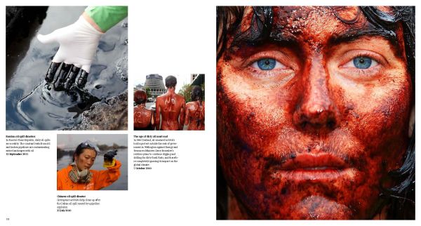 Green filtered photo montage of Greenpeace activists, on cover of 'Greenpeace Views, 50 Years Fighting for a Better Planet', by Delius Klasing Verlag GmbH.