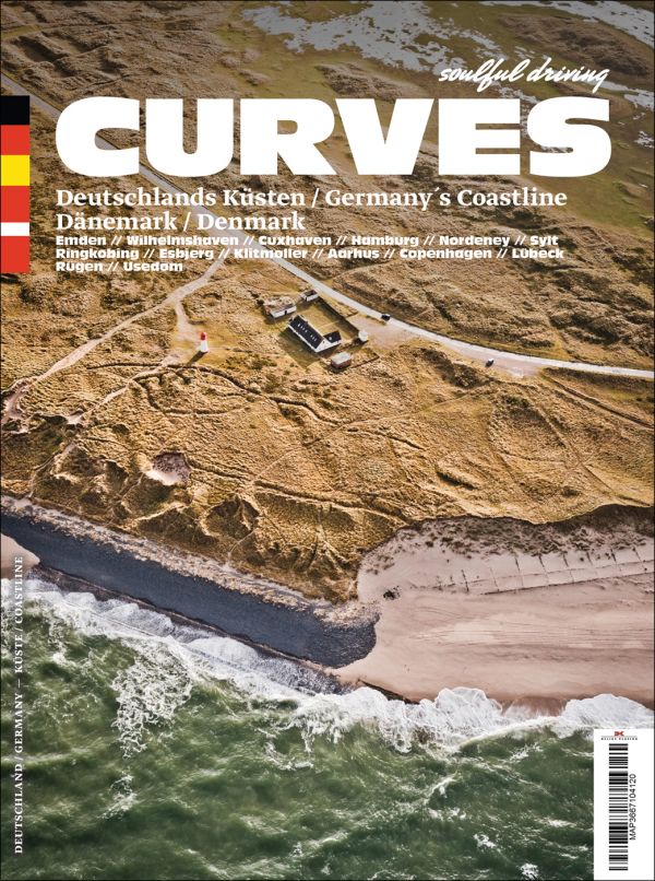 Book cover of Curves: Germany's Coastline | Denmark, with a an aerial view of the German coastline with sandy beach. Published by Delius.