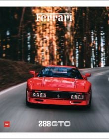 Red Ferrari 288 GTO driving on forest road, FERRARI 288 GTO, in white font to top and bottom edge of cover, with white border.