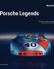 Pale blue Porsche 908/3, number '40' to bonnet with orange arrow, on cover of 'Porsche Legends, The Racing Icons from Zuffenhausen', by Delius Klasing Verlag GmbH.