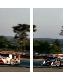 Blurred Audi R8 racing car on race track, on cover of 'Audi in Le Mans', by Delius Klasing Verlag GmbH.