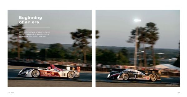 Book cover of Audi in Le Mans, with a blurred Audi R8 racing car on track. Published by Delius Klasing Verlag GmbH.