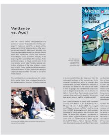 Book cover of Audi in Le Mans, with a blurred Audi R8 racing car on track. Published by Delius Klasing Verlag GmbH.