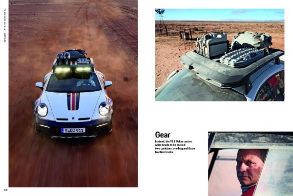 Book cover of Rough Roads to 911 Dakar, featuring a black Porsche 911 racing down a sand dune in the desert. Published by Delius.