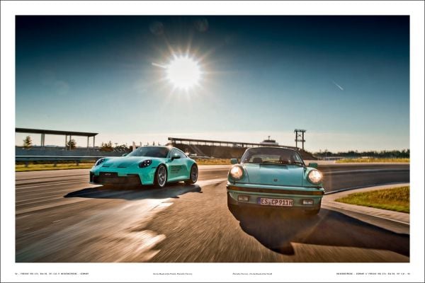 Book cover of Stefan Bogner's Porsche Curves: On the Roads of the World, with a VW transporter with caterpillar tracks and a Porsche Cayenne. Published by Delius Klasing Verlag GmbH.