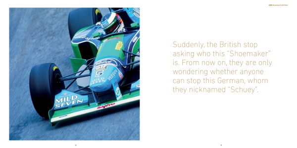 Book cover of World Championship Cars: Michael Schumacher, with side profile of the front end of a F1 red Ferrari. Published by Delius Klasing.