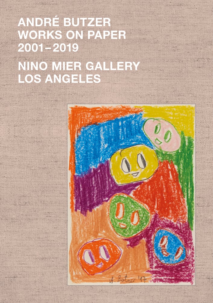 5 coloured crayon smiley faces on beige cover, ANDRÉ BUTZER, WORKS ON PAPER in white font above.