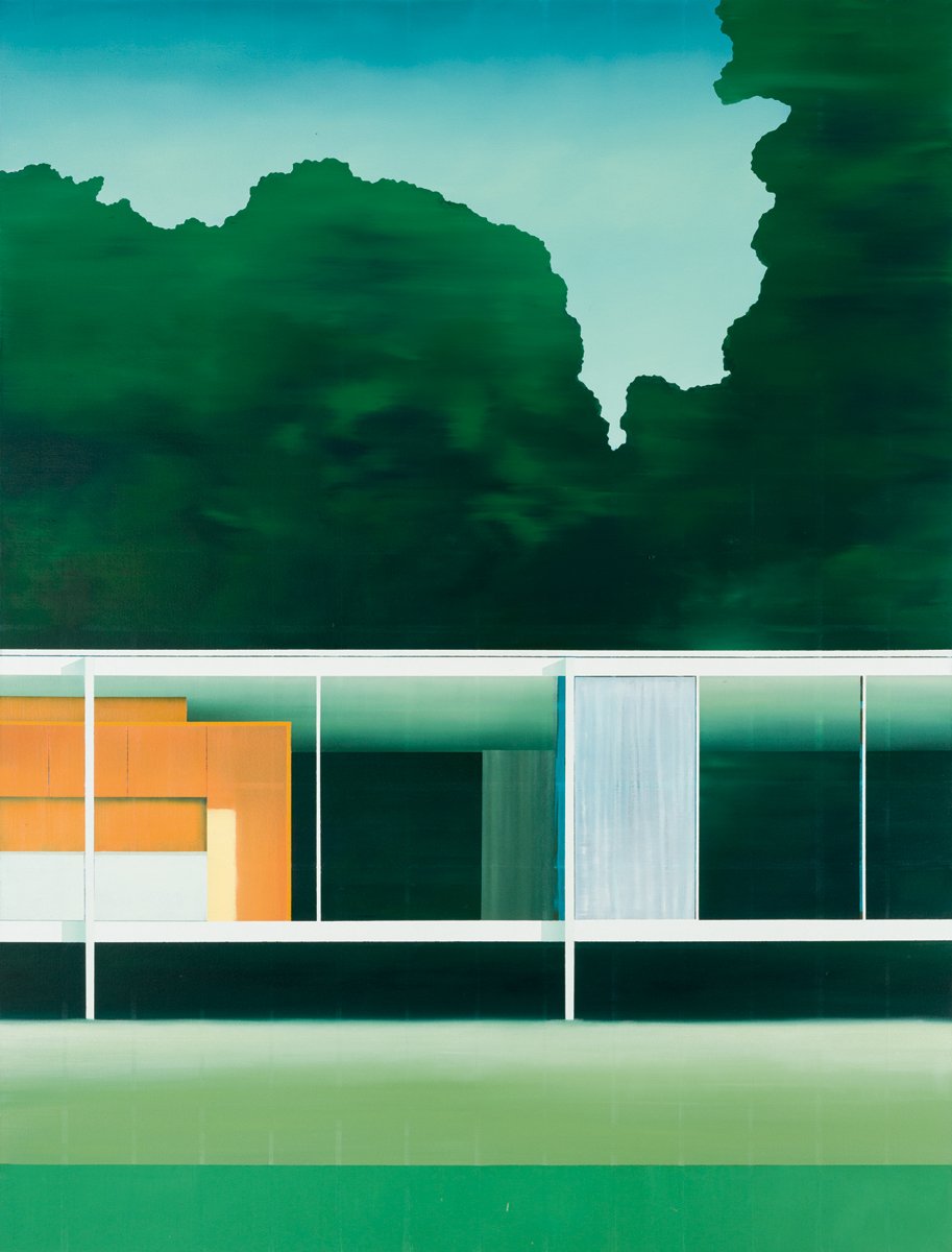 White framed structure, green backdrop, Asmund Havsteen-Mikkelsen MENTALSCAPES in white font by Kerber.