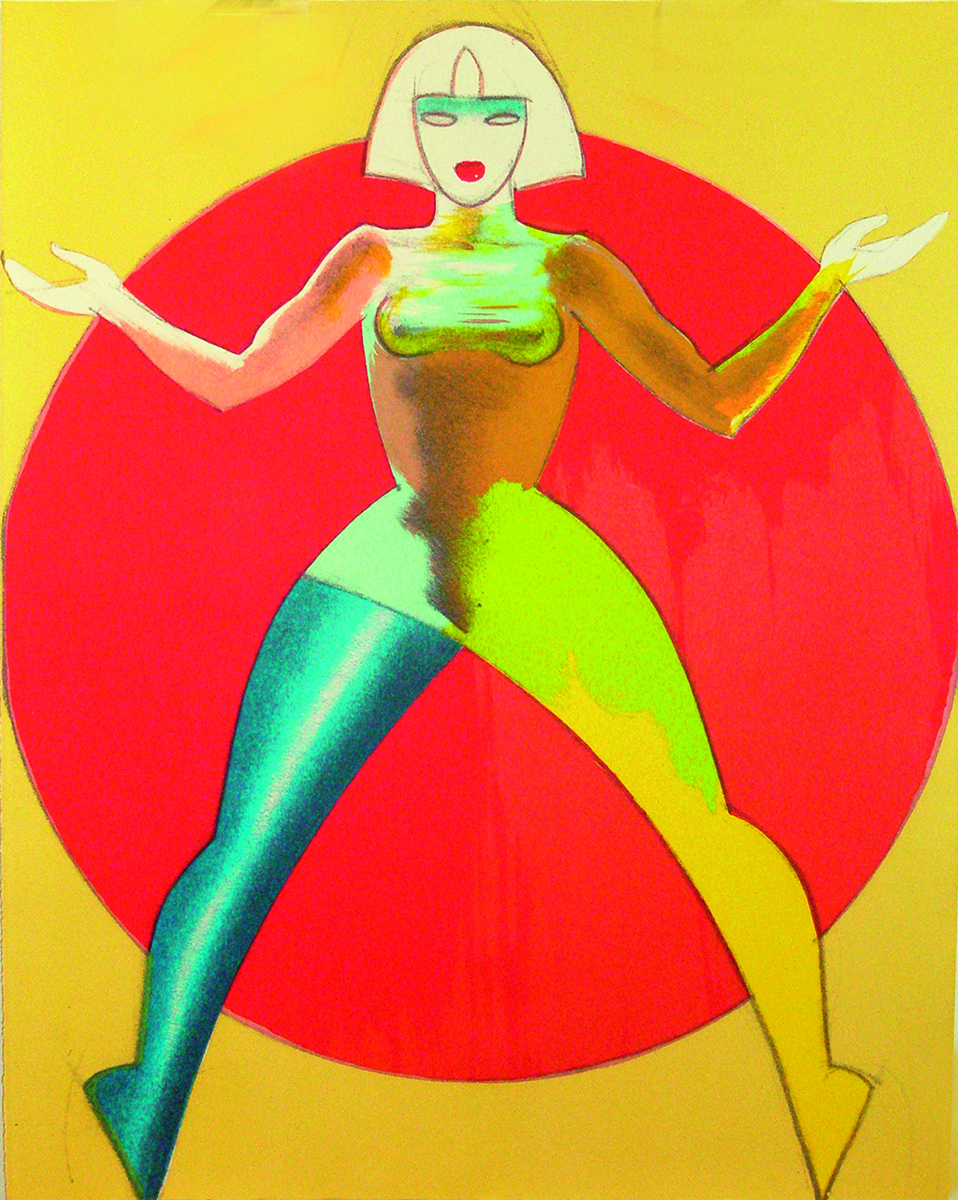 Poster style painting of half male half female figure, ALLEN JONES in black font to centre, PRINTS - VOLUME II in black font below.