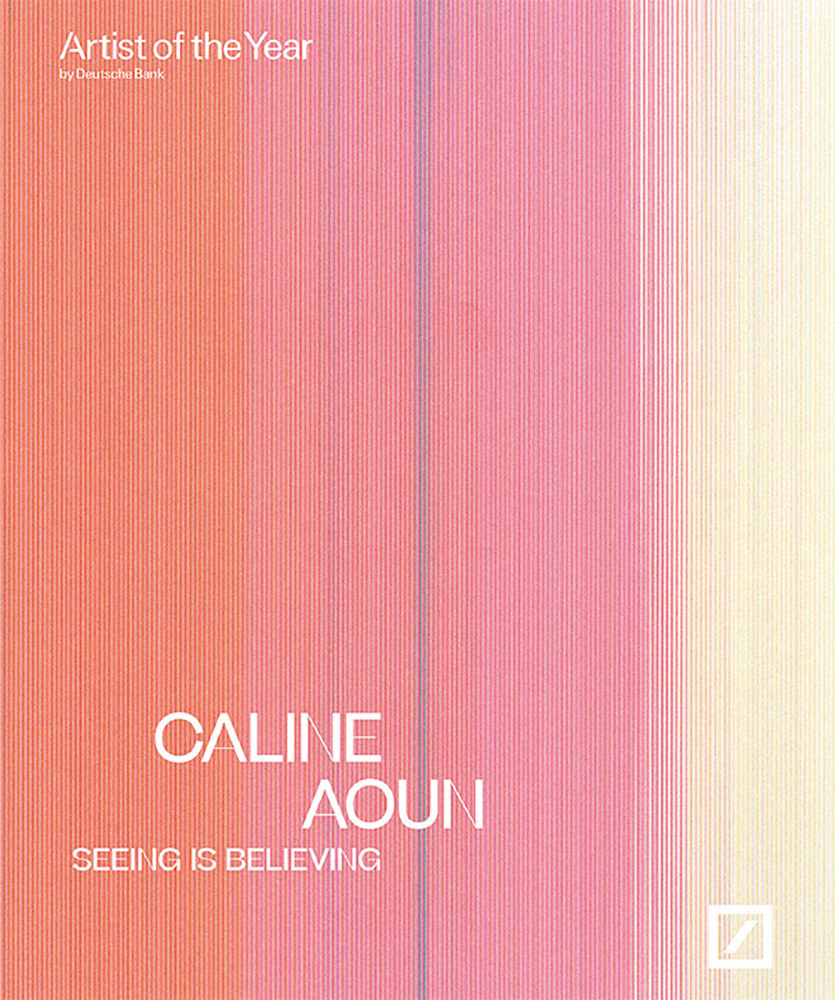 Orange, coral, lemon yellow vertical patterned cover, Caline Aoun: seeing is believing in white font to lower left