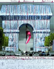 Christo putting arm around Jeanne-Claude, both holding white hard hats, installation space with workers behind, Christo and Jeanne-Claude Projects 1963-2020 in orange font to centre.