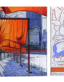 Christo putting arm around Jeanne-Claude, both holding white hard hats, installation space with workers behind, Christo and Jeanne-Claude Projects 1963-2020 in orange font to centre.