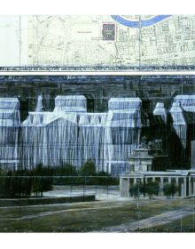 Christo putting arm around Jeanne-Claude, both holding white hard hats, installation space with workers behind, Christo and Jeanne-Claude Projects 1963-2020 in orange font to centre.