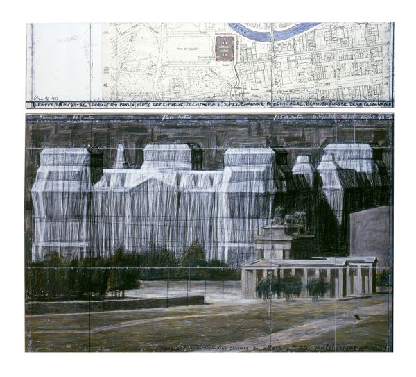 Christo putting arm around Jeanne-Claude, both holding white hard hats, installation space with workers behind, Christo and Jeanne-Claude Projects 1963-2020 in orange font to centre.