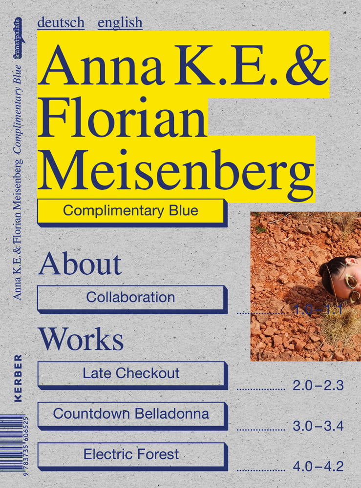 Female head half obscured on orange gravel, Anna K.E. & Florian Meisenberg Complimentary Blue in blue font on bright yellow on grey cover.