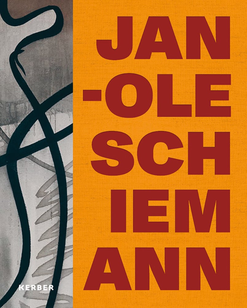 JAN-OLE SCHIEMANN in dark red font on right orange banner, small portion of abstract painting to left.