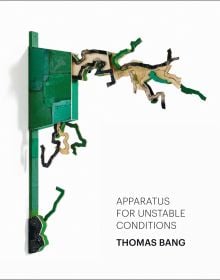 Book cover of Thomas Bang, Apparatus for Unstable Conditions, with green sculptural wood wall art titled 'Interloper, No. 1'. Published by Kerber.
