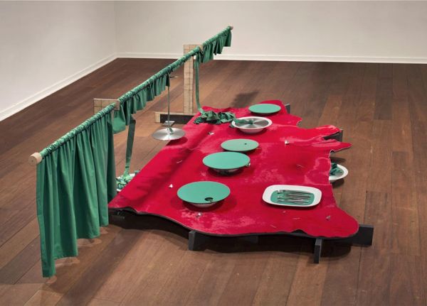 Book cover of Thomas Bang, Apparatus for Unstable Conditions, with green sculptural wood wall art titled 'Interloper, No. 1'. Published by Kerber.