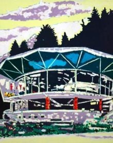 Bright painting of funfair big wheel with Apocalypse as Beginning Willem Julius Müller in white font to top right