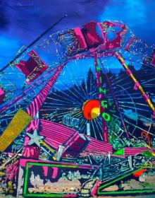 Bright painting of funfair big wheel with Apocalypse as Beginning Willem Julius Müller in white font to top right