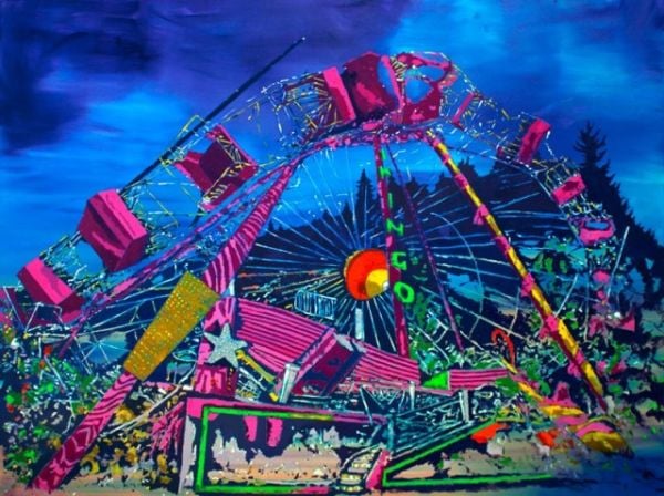 Bright painting of funfair big wheel with Apocalypse as Beginning Willem Julius Müller in white font to top right