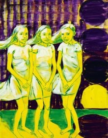 Bright action painting of 2 children grasping large eyeballs with both hands with Somnambul Typlt in black font to left and below