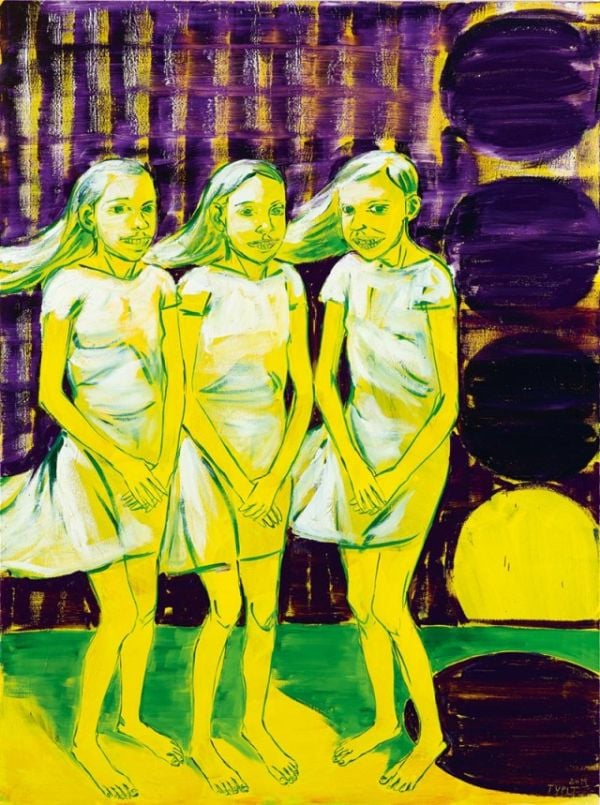 Bright action painting of 2 children grasping large eyeballs with both hands with Somnambul Typlt in black font to left and below