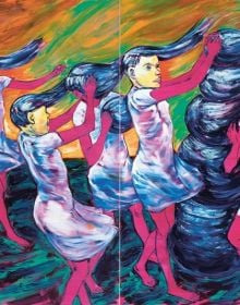 Bright action painting of 2 children grasping large eyeballs with both hands with Somnambul Typlt in black font to left and below