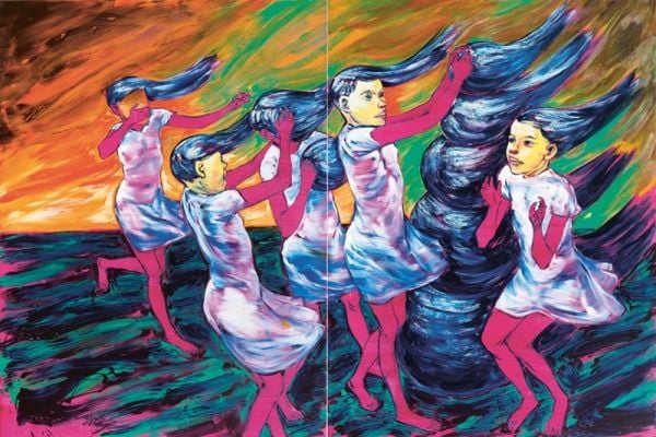 Bright action painting of 2 children grasping large eyeballs with both hands with Somnambul Typlt in black font to left and below