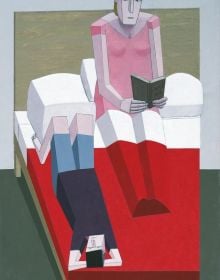 Aerial perspective illustration on maroon cover of 4 figures seated at table with geometric floor and Mernet Larsen in black font below
