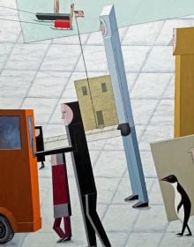 Aerial perspective illustration on maroon cover of 4 figures seated at table with geometric floor and Mernet Larsen in black font below