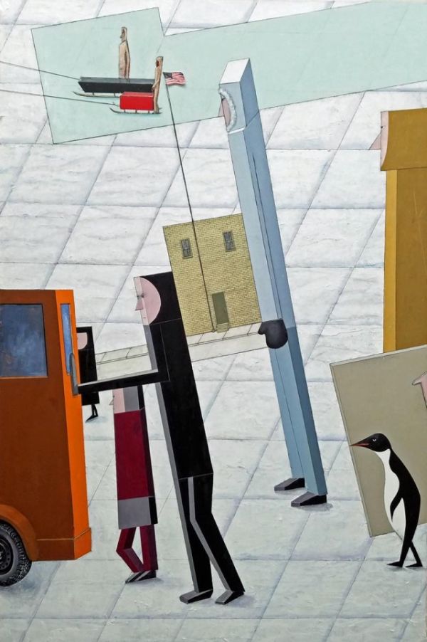 Aerial perspective illustration on maroon cover of 4 figures seated at table with geometric floor and Mernet Larsen in black font below