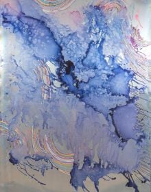 Off white cover with colourful sections of gold, green and pink with drips of dark blue paint and Myriam Holme 2010 – 2020 in small black font below